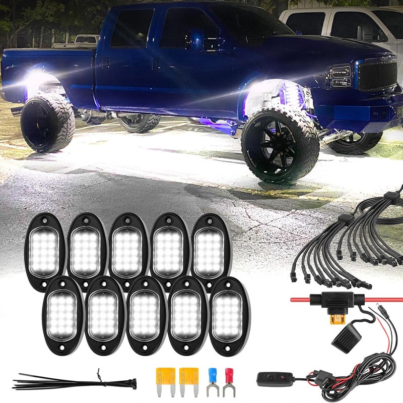 ZONECONA 10Pods Pure White LED Rock Lights Kit with Switch Wiring Harness Extension Wire, Underglow Light Waterproof Fender Lights for Jeep, Trucks, Pickup, ATV, UTV, RZR, SXS, Golf Cart, Off Road - Image 1